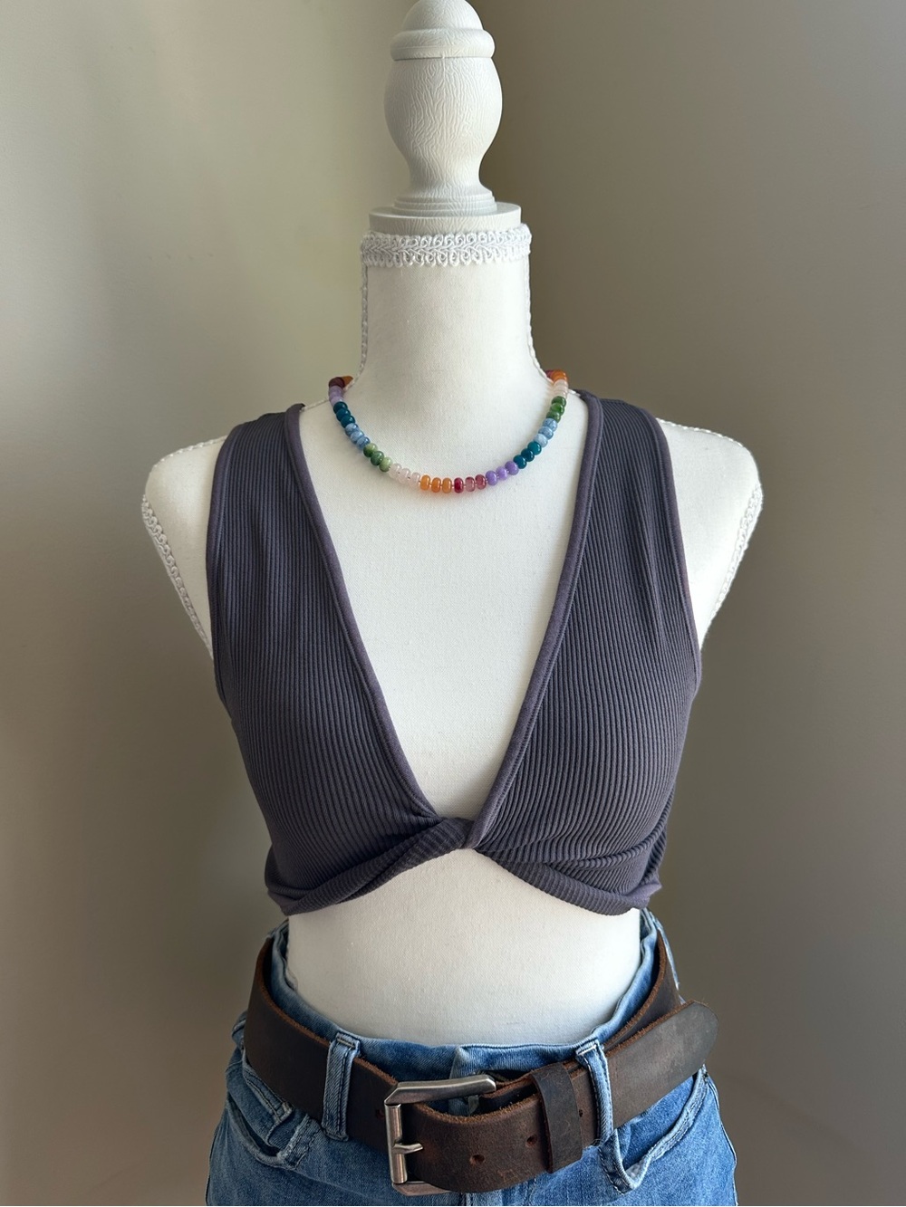 Garage Ribbed Twist Front Crop Top in Gray